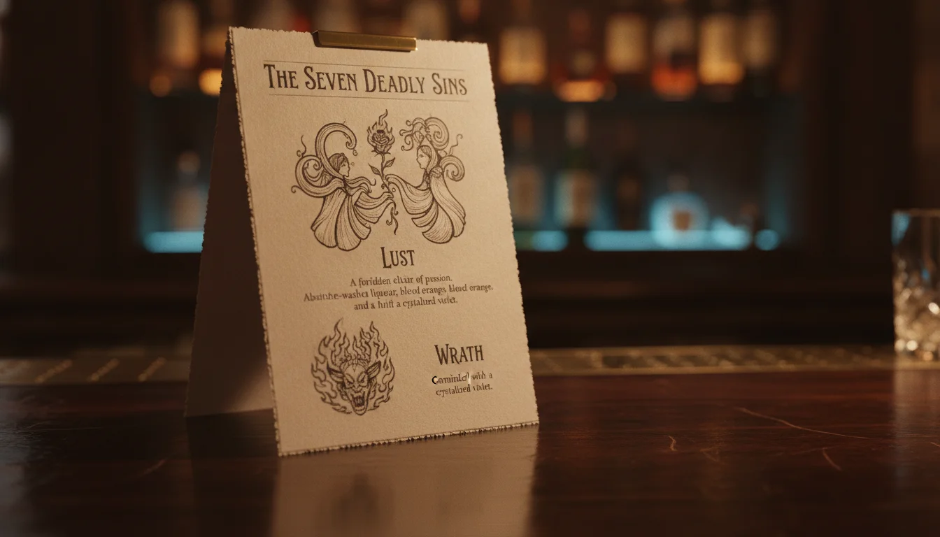 The 'Seven Deadly Sins' cocktail menu card The 'Seven Deadly Sins' cocktail menu card