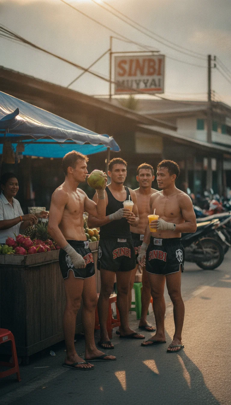 a practical or atmospheric scene at or near Sinbi Muay Thai — depicting a local fruit stall and cafe on Soi Saiyuan where athletes gather for post-training recovery drinks