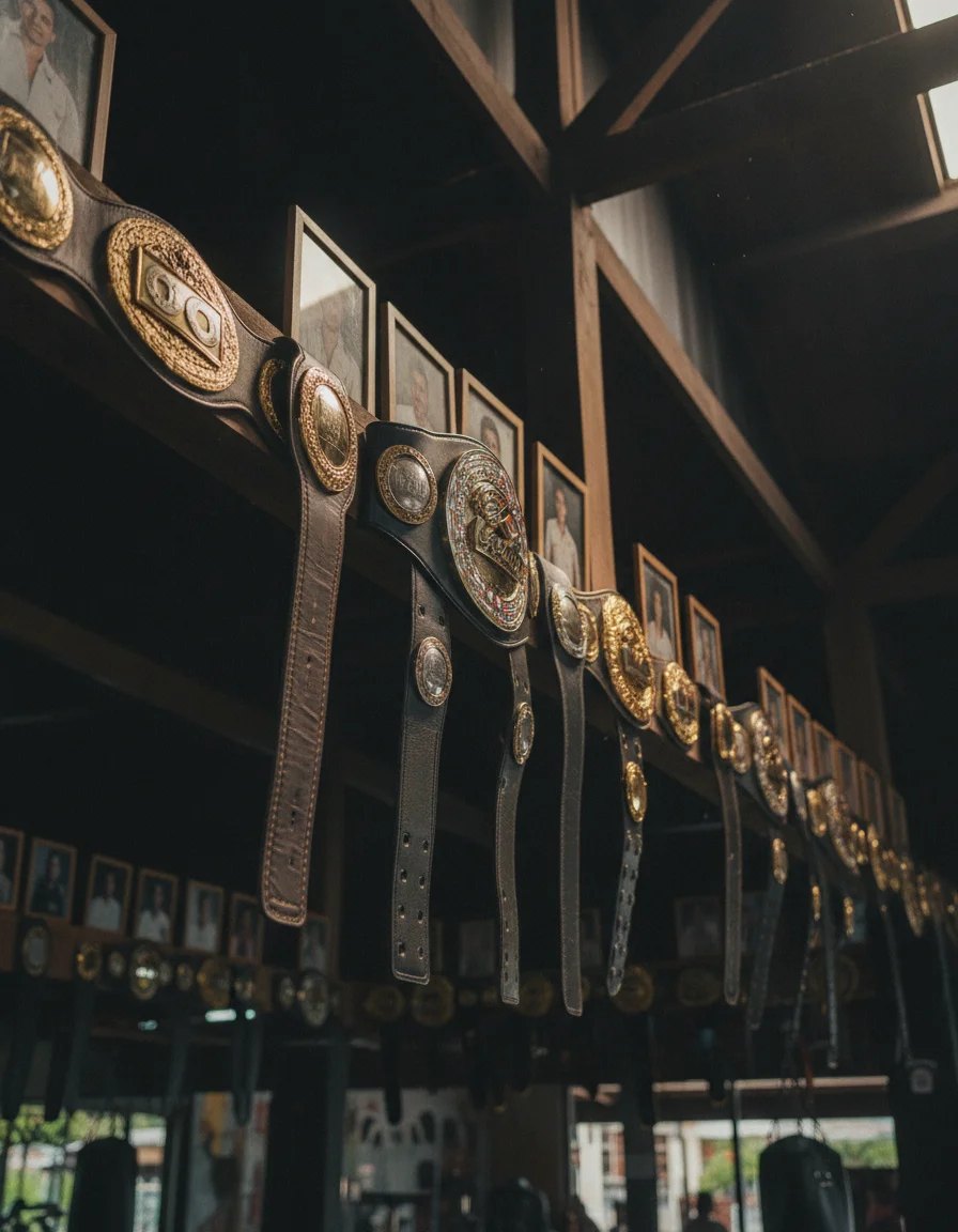 a detail shot of a standout feature, room, facility, or experience at Sinbi Muay Thai — showing the rows of championship belts and fighter photos displayed proudly on the wooden rafters of the gym roof