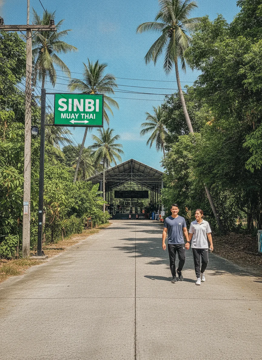 the approach, entrance, or surrounding area of Sinbi Muay Thai — showing the concrete access road of Soi Saiyuan 9 with the prominent green and white Sinbi gym sign guiding visitors toward the main entrance