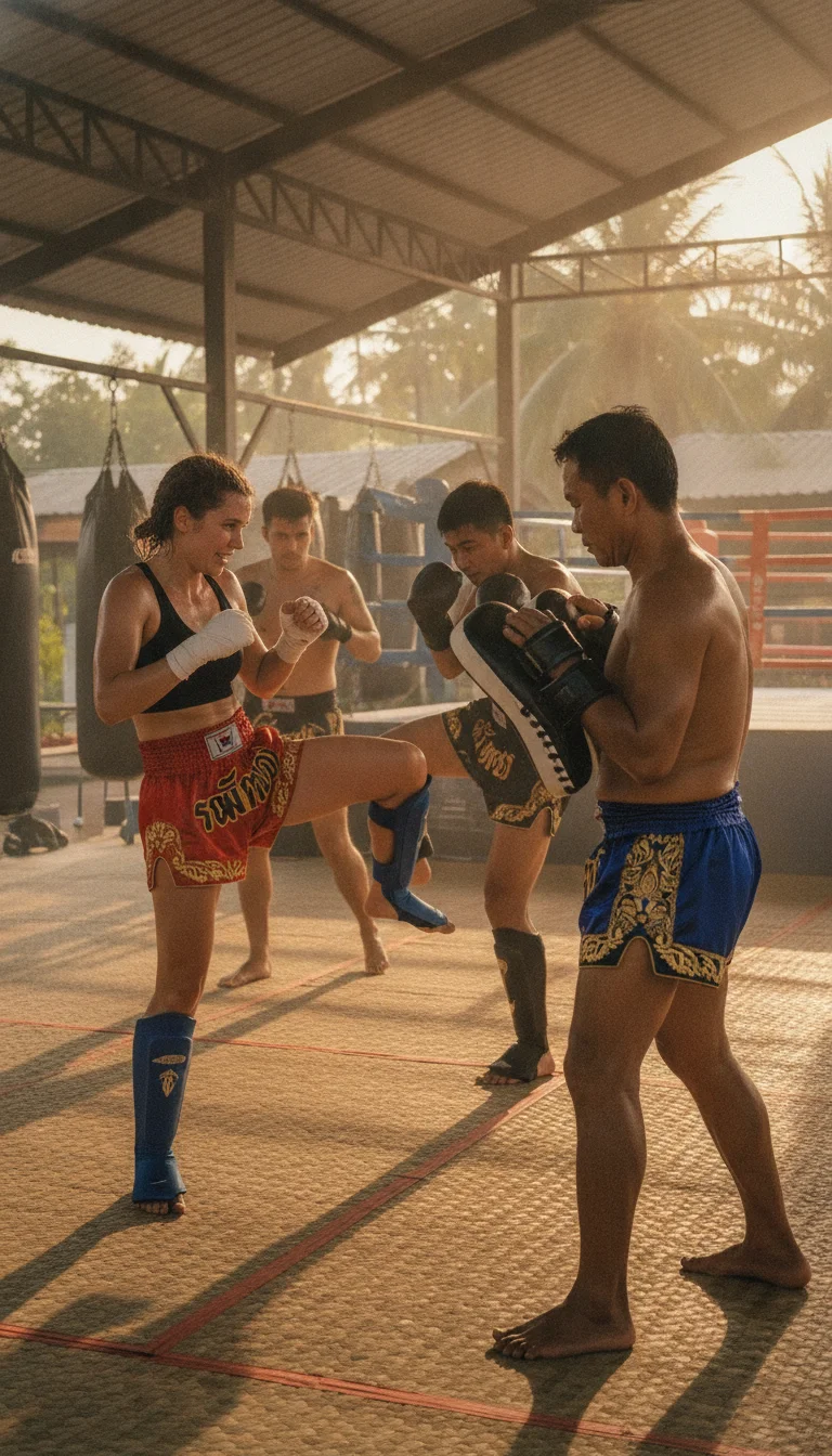atmospheric shot showing the best feature or experience at Sinbi Muay Thai — showcasing a group of international students during the afternoon pad-work hour with trainers holding leather Thai pads under the golden afternoon light filtering through the open sides of the gym