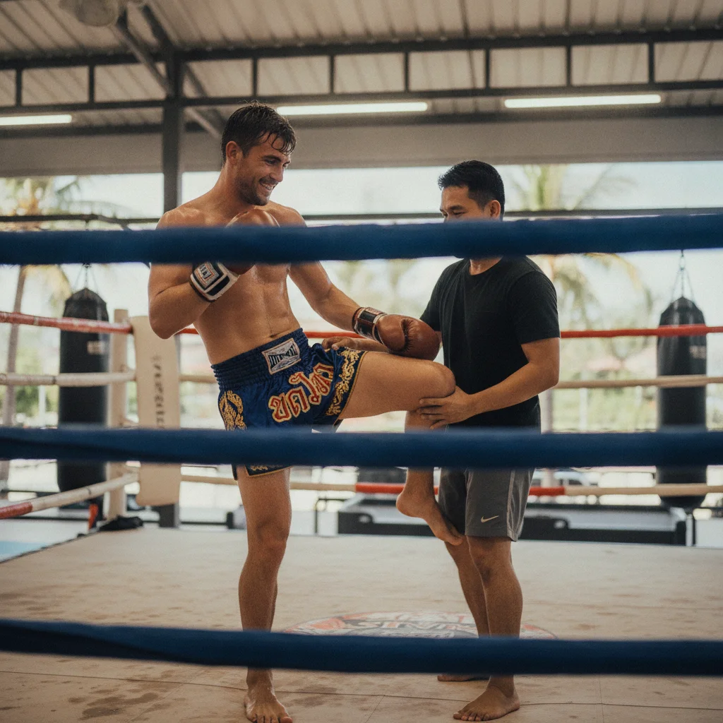 an interior or experiential shot showing the reality of this section's subject at Sinbi Muay Thai — depicting a student wearing traditional hand wraps and 14oz boxing gloves receiving technical knee-strike feedback from a Thai trainer inside one of the elevated rings