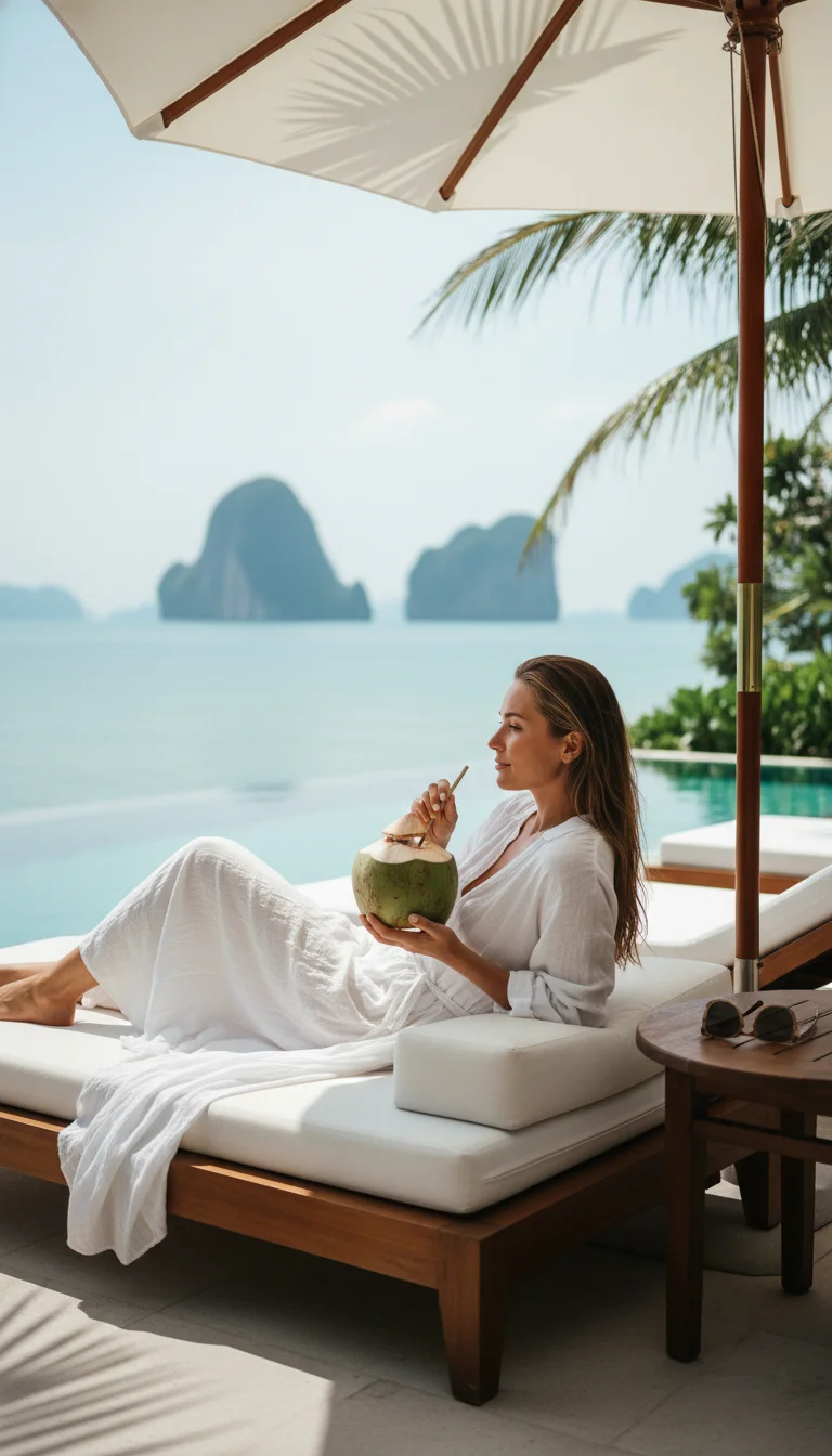 a practical or atmospheric scene at or near Six Senses Yao Noi — a guest enjoying a fresh young coconut while lounging on a sunbed under a large canvas umbrella next to the main infinity pool