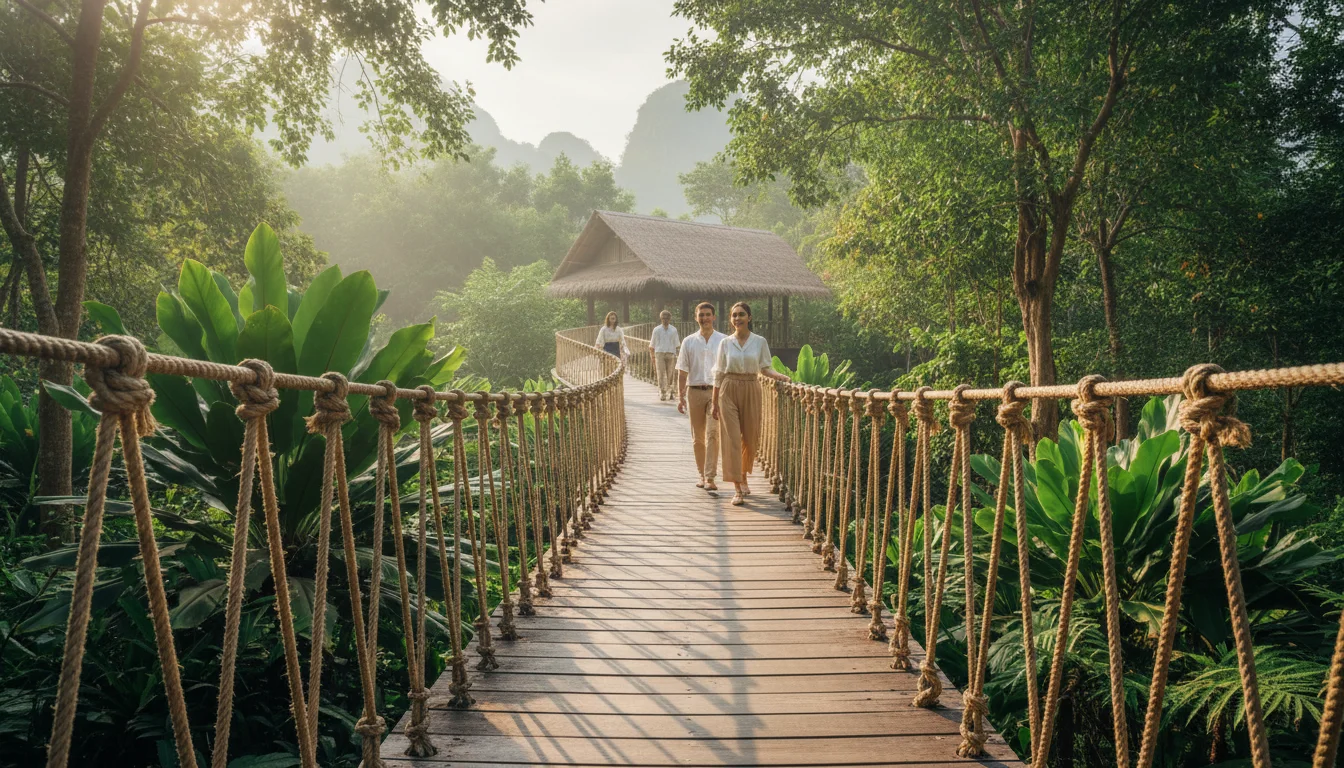 a detail shot of a standout feature, room, facility, or experience at Six Senses Yao Noi — a wooden suspension bridge walk-way winding through the high jungle canopy connecting the different treatment rooms of the spa village