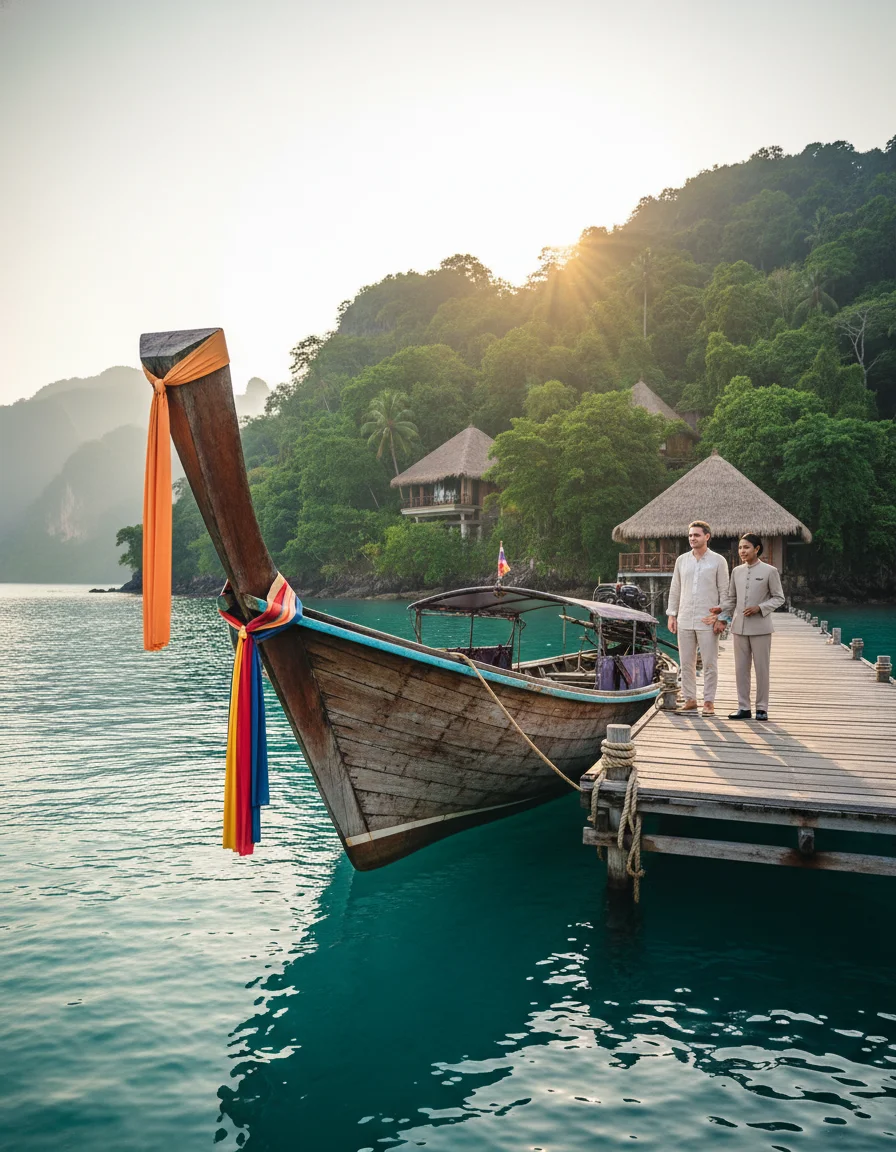 the approach, entrance, or surrounding area of Six Senses Yao Noi — a traditional wooden longtail boat moored at the resort's floating wooden arrival jetty on Koh Yao Noi, with the lush green hillside of the resort rising in the background under a soft morning light