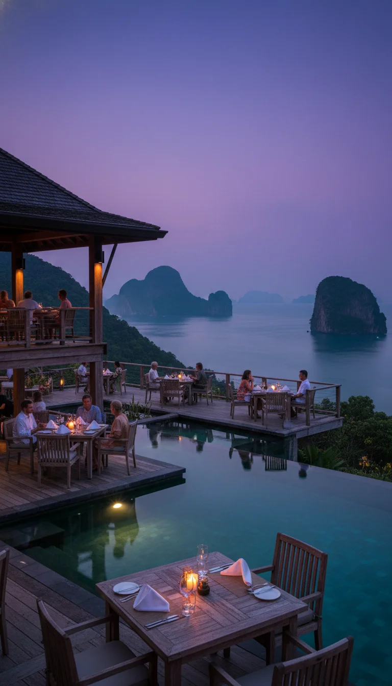atmospheric shot showing the best feature or experience at Six Senses Yao Noi — the iconic multi-level Hilltop restaurant at twilight, with guests dining at candlelit wooden tables beside the illuminated infinity pool which reflects the dramatic silhouette of the Phang Nga Bay karsts under a deep violet sky