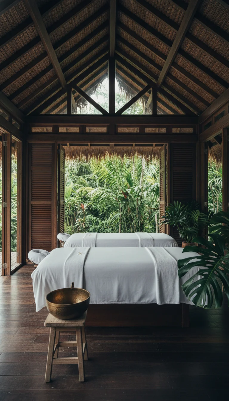 an interior or experiential shot showing the reality of this section's subject at Six Senses Yao Noi — a spacious treatment room inside the thatched-roof spa village with open wooden shutters showing lush green foliage, two massage tables with pristine white linens, and a traditional bronze washing bowl on a low wooden stool