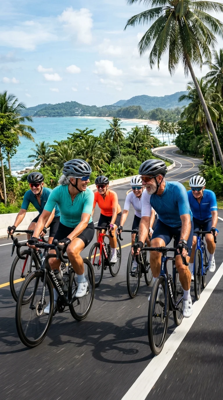 group of older Western expats on bicycles group of older Western expats on bicycles