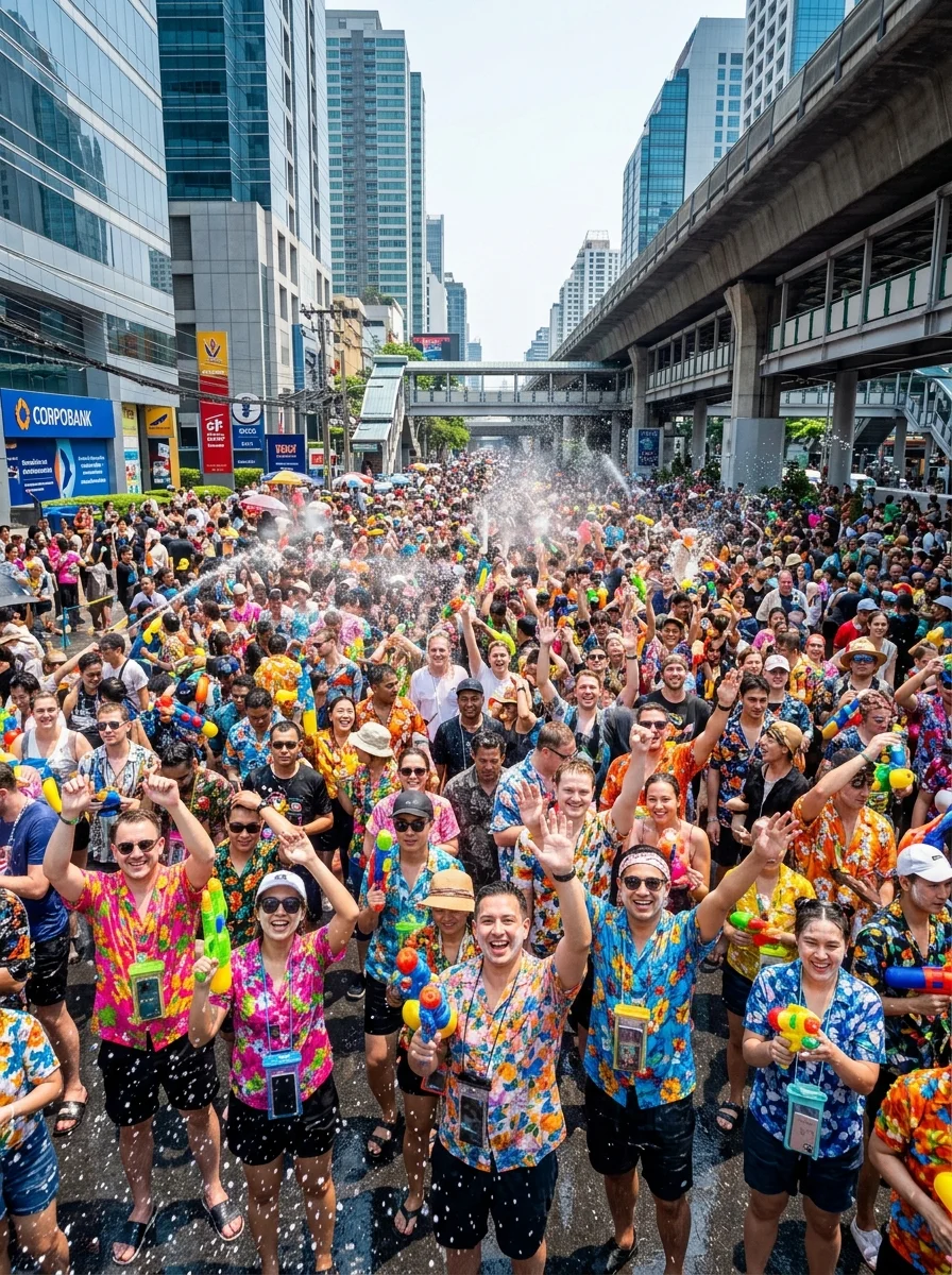 Songkran Water Festival crowd on Silom Road Songkran Water Festival crowd on Silom Road