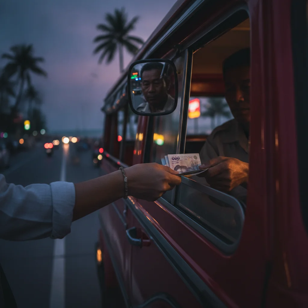 Passenger paying a Songthaew driver