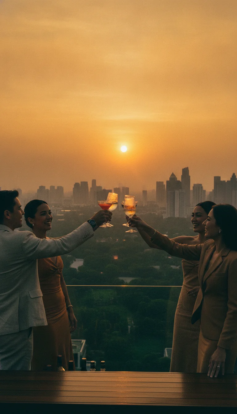 elegant guests at a rooftop bar elegant guests at a rooftop bar