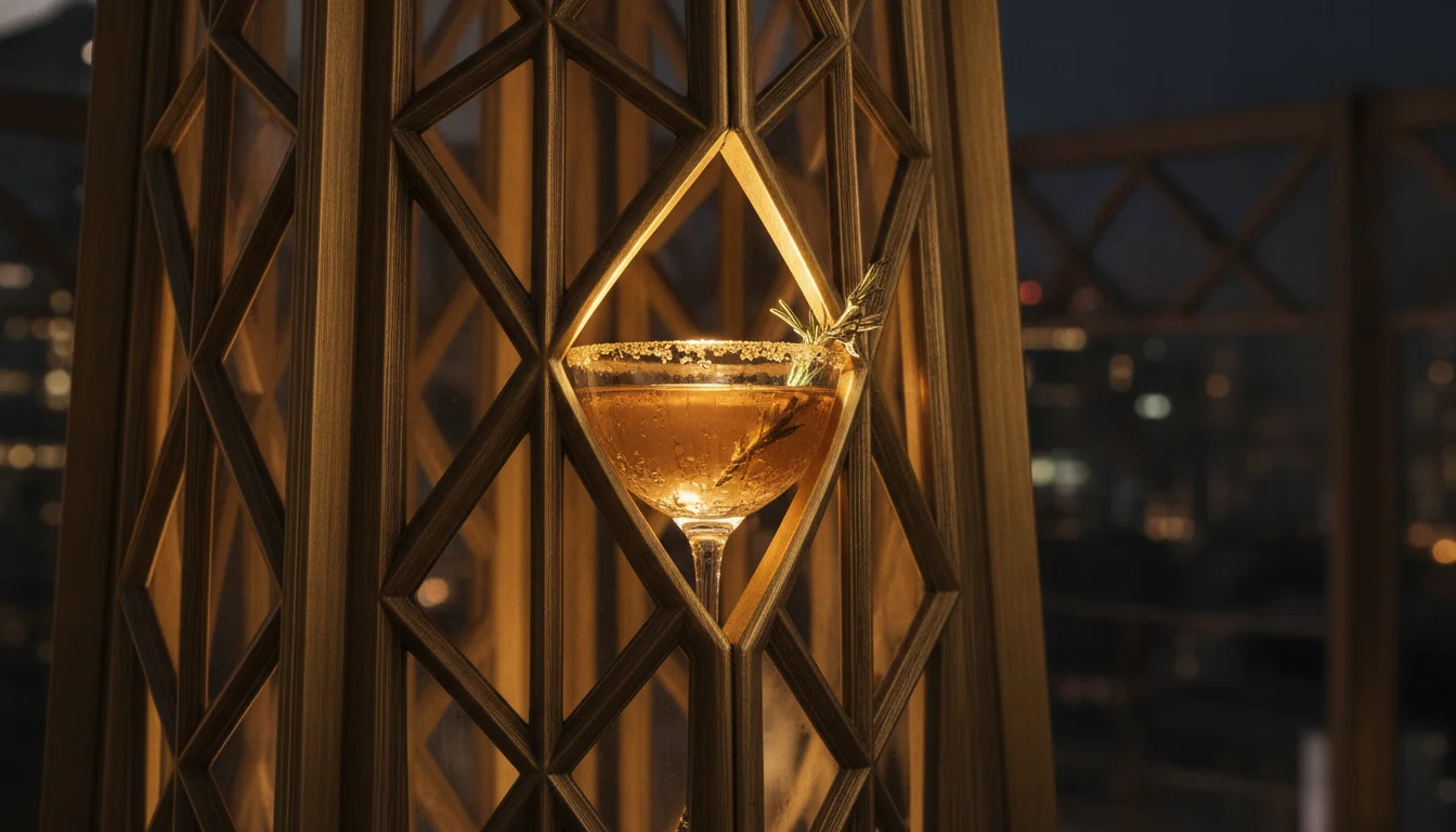Golden cocktail glass and architectural spire latticework Golden cocktail glass and architectural spire latticework