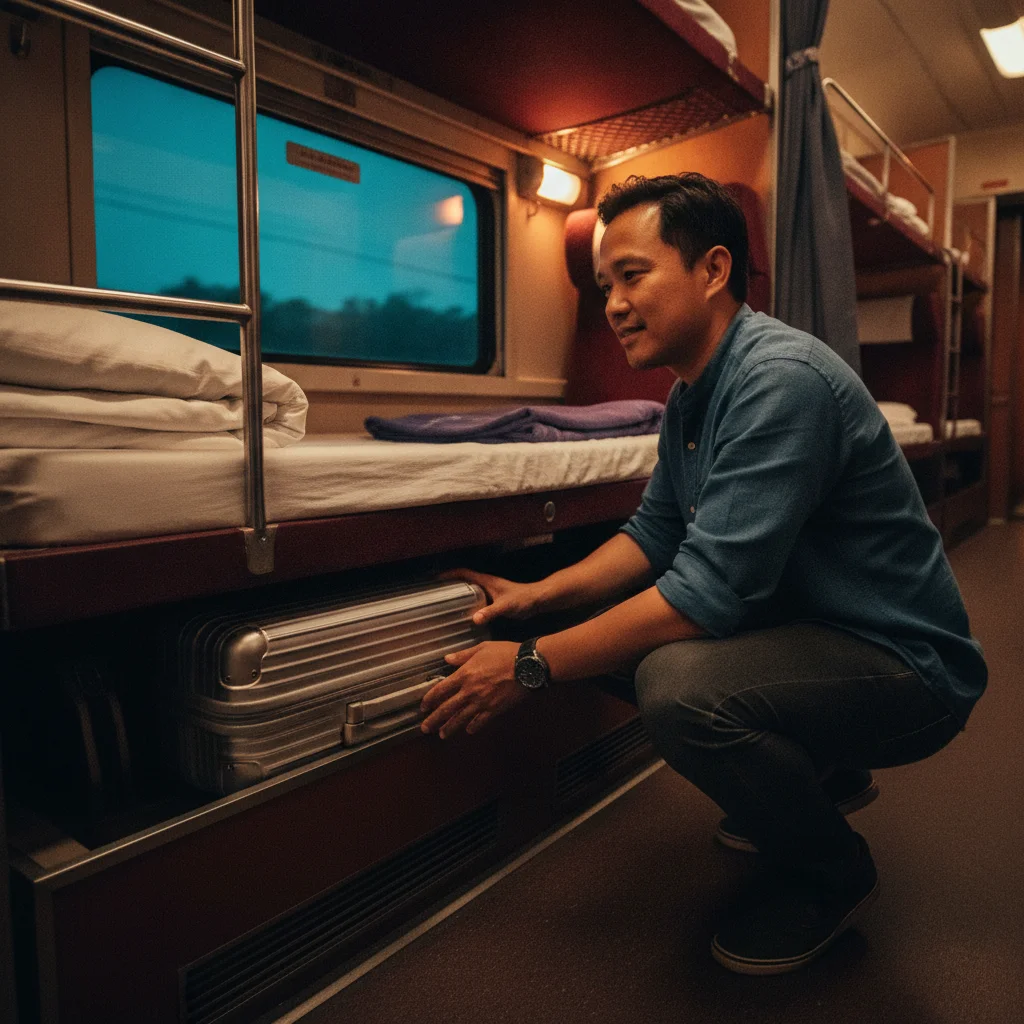 Traveller on a State Railway of Thailand (SRT) sleeper train