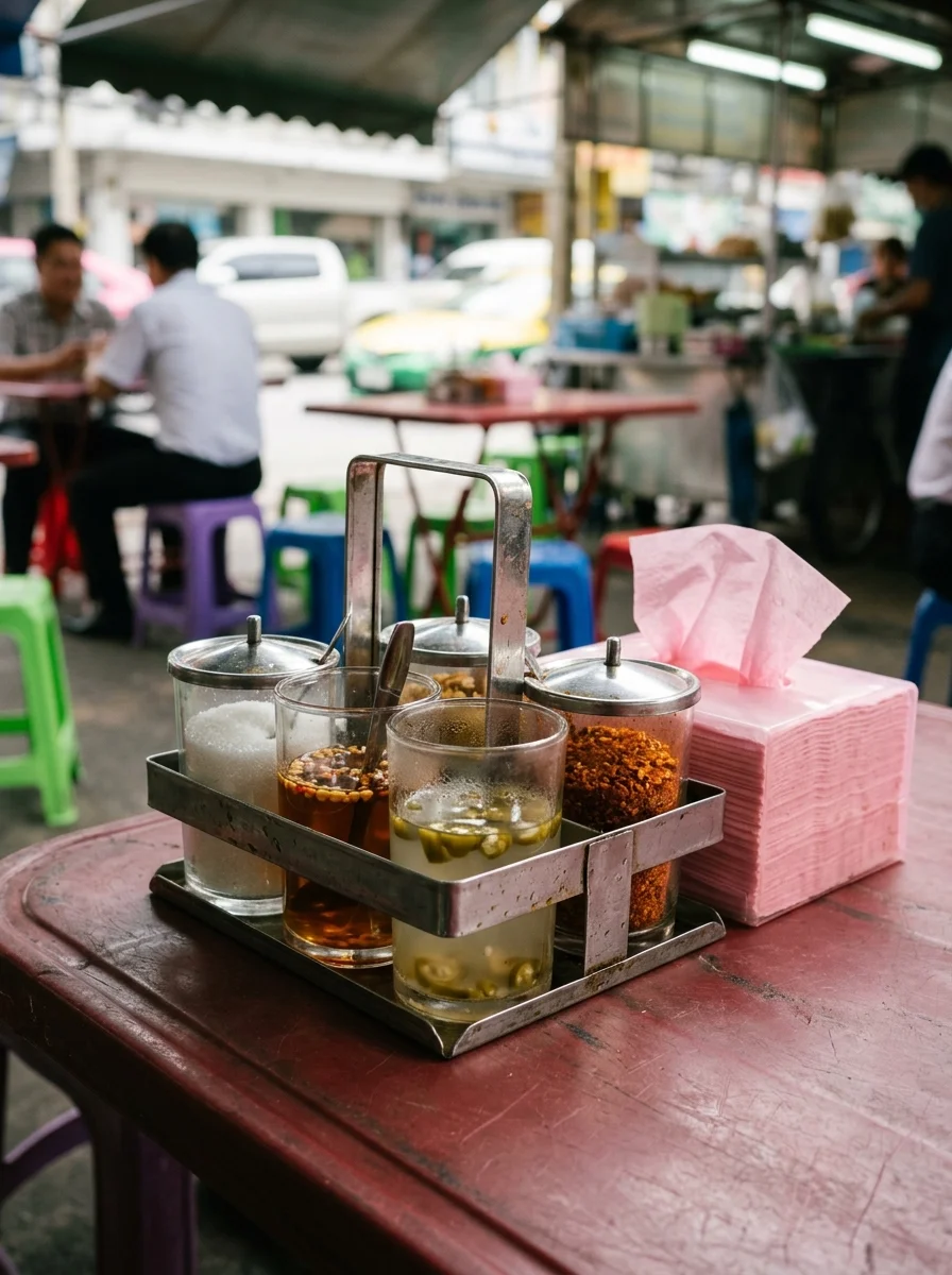 Southeast Asian street food condiment caddy and tissue box Southeast Asian street food condiment caddy and tissue box