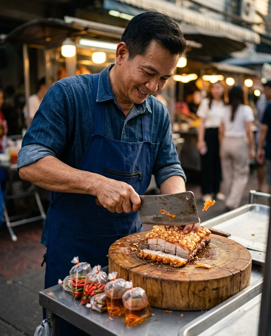 vendor's hands and roasted pork vendor's hands and roasted pork