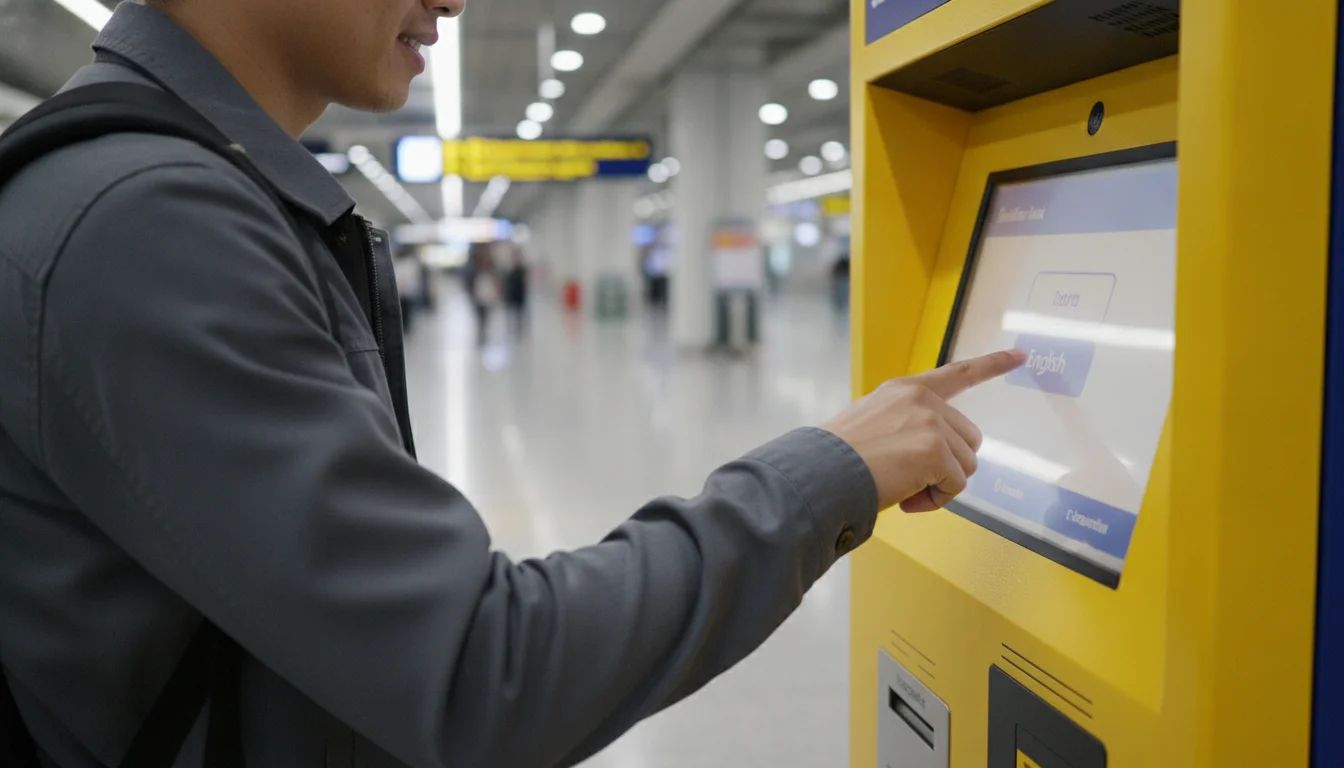 A passenger using the yellow automated ticket machine for the Airport Rail Link, with a clear view of the English language selection on the screen
