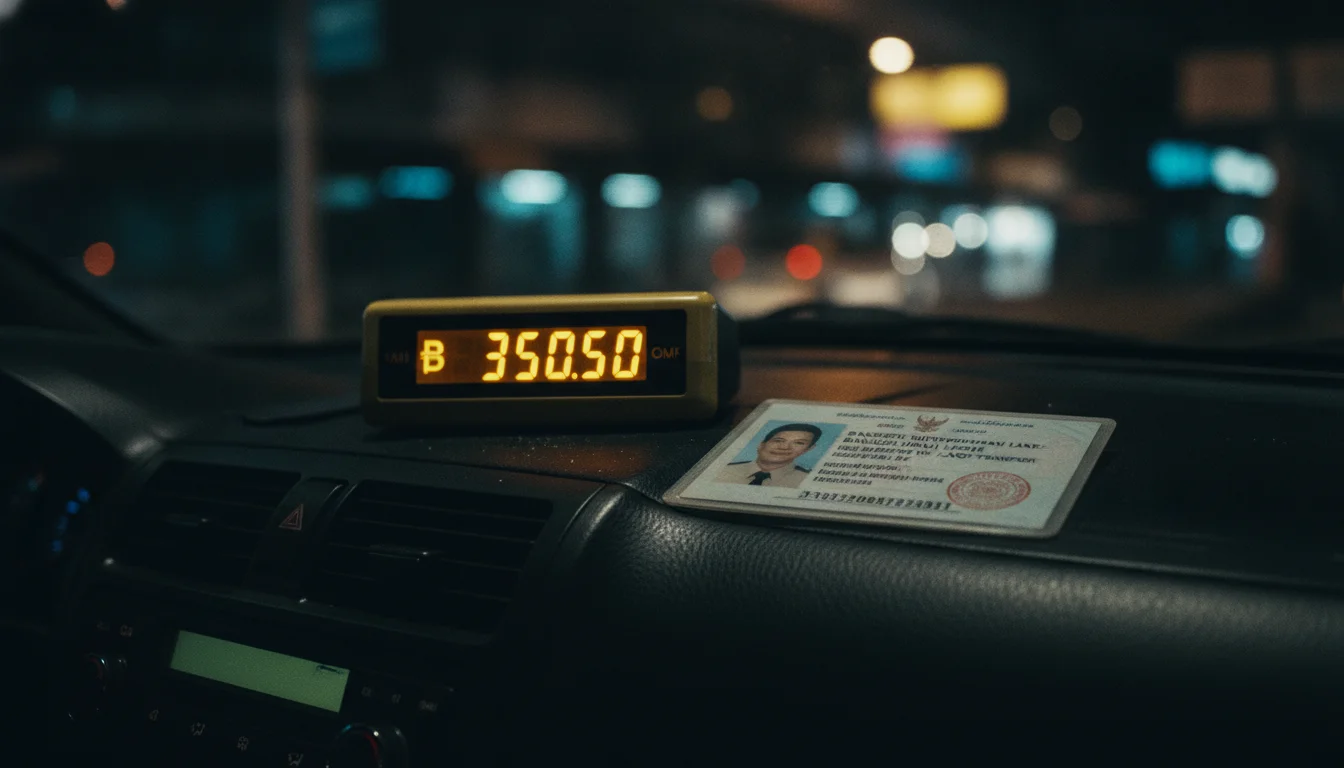 A close-up of a public taxi's illuminated meter and the official ID card of the driver displayed on the dashboard, showing the regulated pricing structure