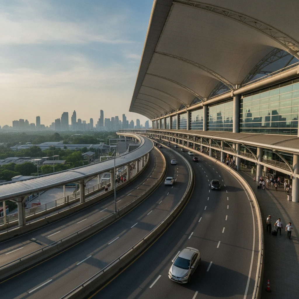 The multi-lane elevated approach road leading to the Suvarnabhumi Airport departure terminal, with the iconic white fabric roof structure of the airport visible against the Bangkok skyline