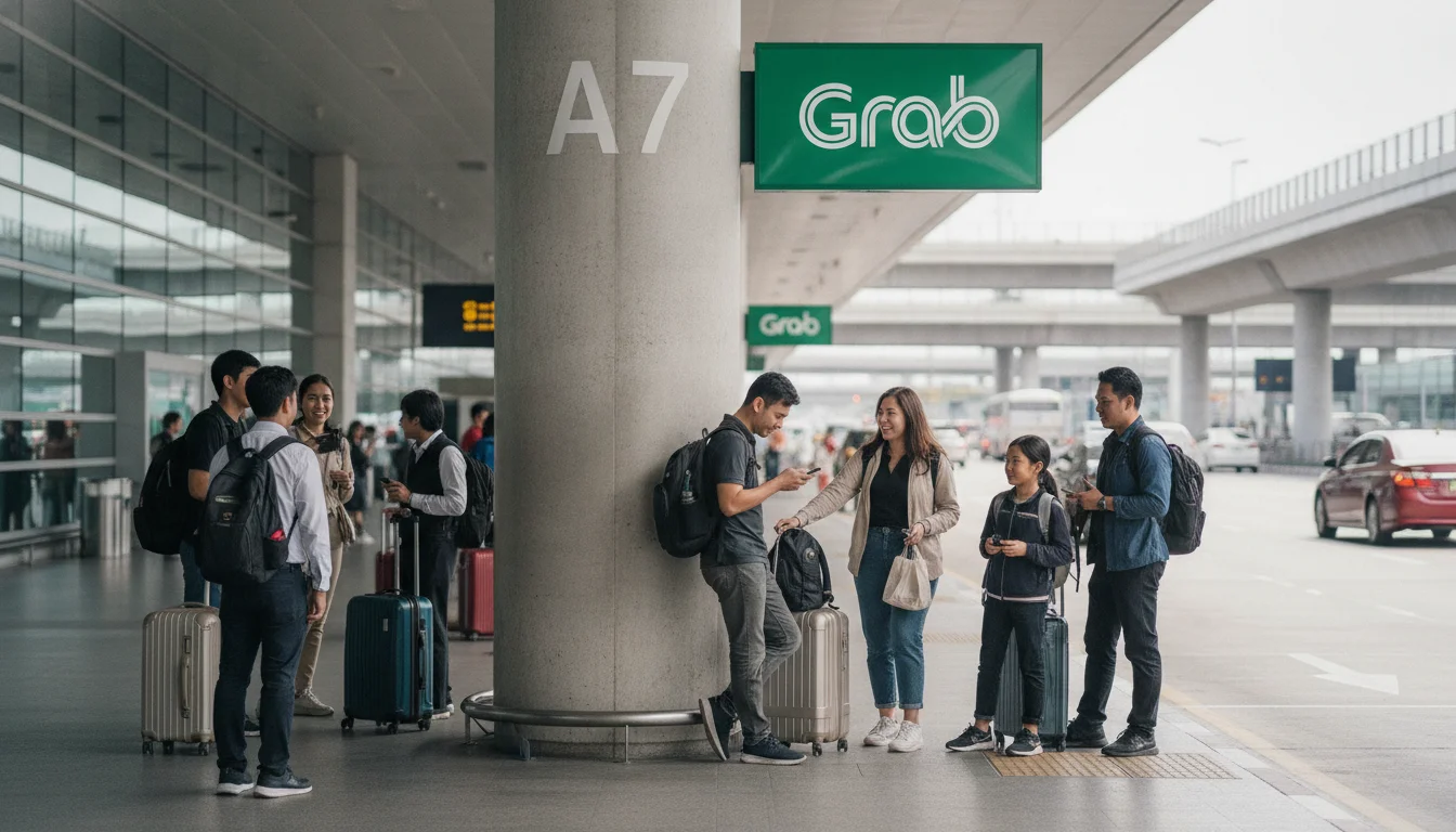 A vibrant green 'Grab' sign at a designated pick-up zone outside the Suvarnabhumi terminal, showing passengers with luggage waiting near a specific numbered pillar