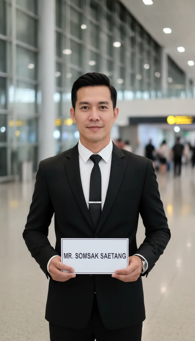 A professional chauffeur in a black suit holding a personalised name sign standing near the glass partitions of the Level 2 Arrival Hall, with the bright lights and polished floors of the terminal in the background