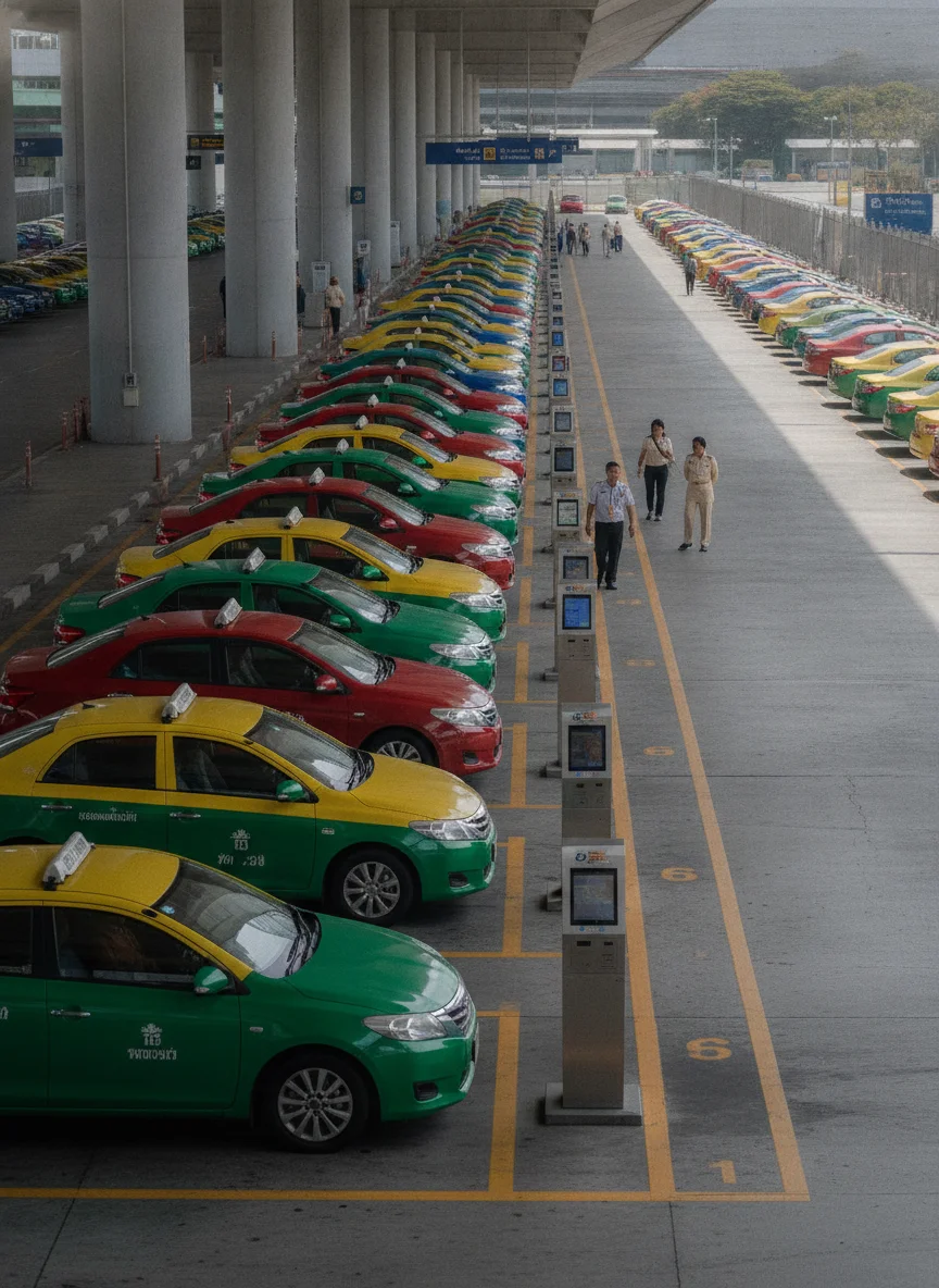 The outdoor taxi staging area on Level 1 of Suvarnabhumi Airport, featuring several rows of green-and-yellow and blue-and-red taxis parked in numbered lanes with digital kiosks at the head of each queue