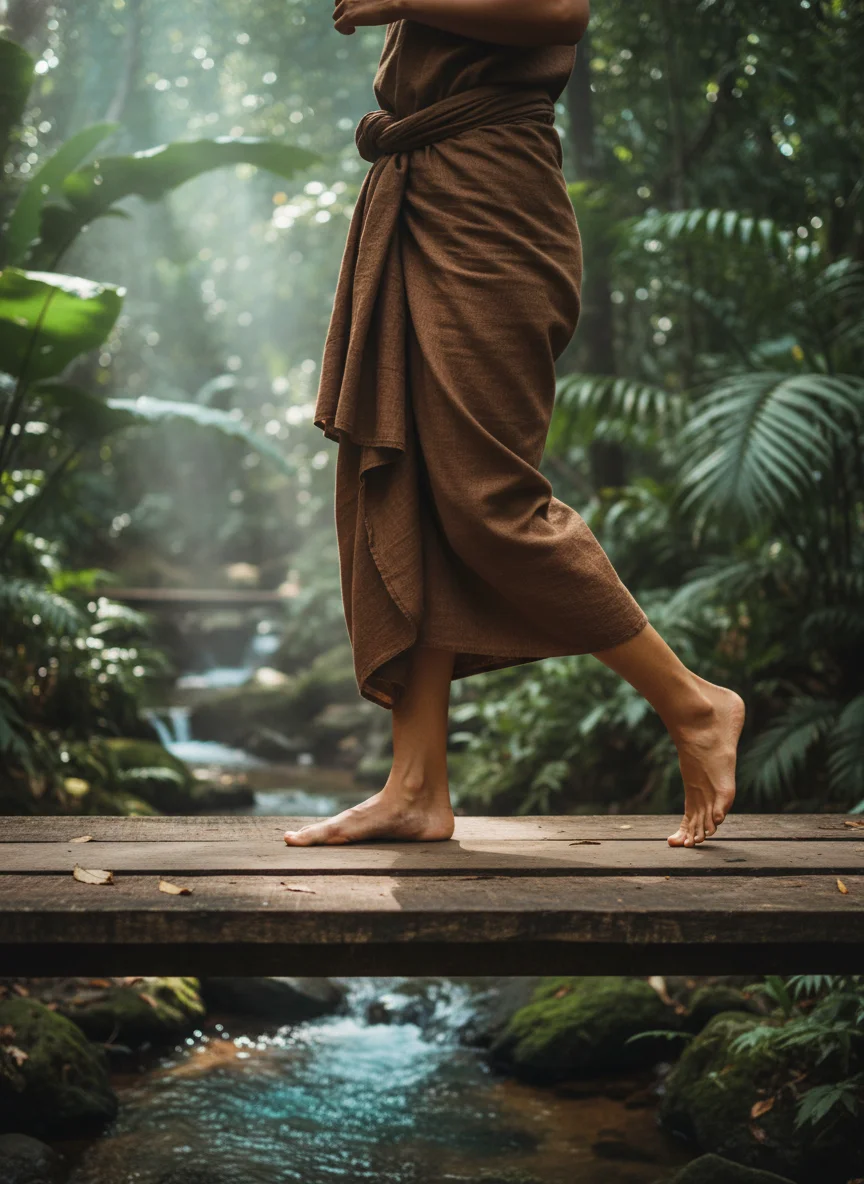 A guest wearing a traditional brown cotton sarong provided by Tamarind Springs, walking barefoot across a wooden bridge that spans a small jungle stream.