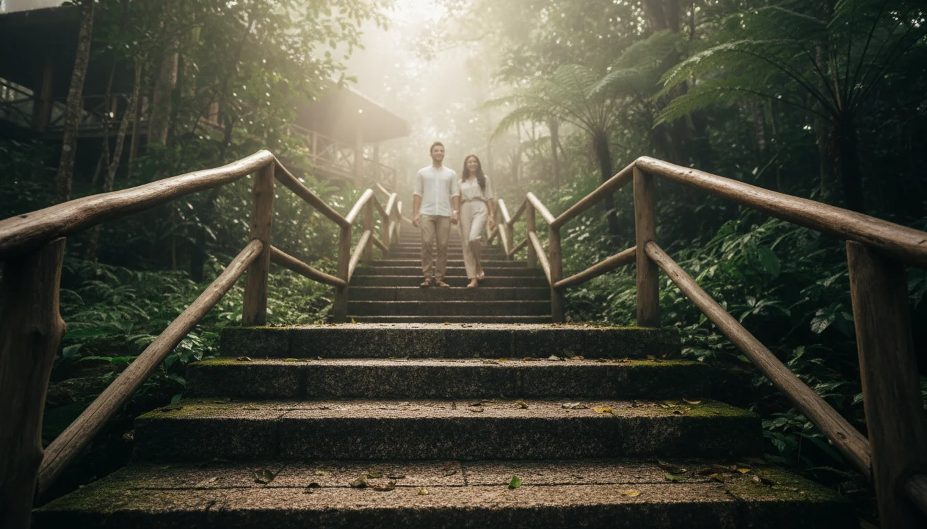 A detailed shot of the stone steps at Tamarind Springs, showing the uneven, hand-cut granite surfaces and the wooden handrails that guide visitors between the different levels of the forest spa.