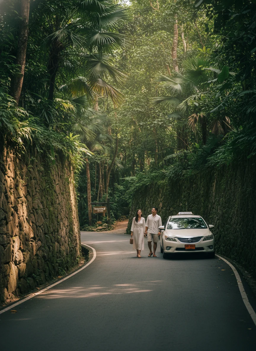 The narrow, paved access road leading to Tamarind Springs, flanked by high stone walls and overhanging tropical trees. A small, discreet wooden sign points the way toward the reception area, with a white private taxi parked nearby on the shoulder of the road.