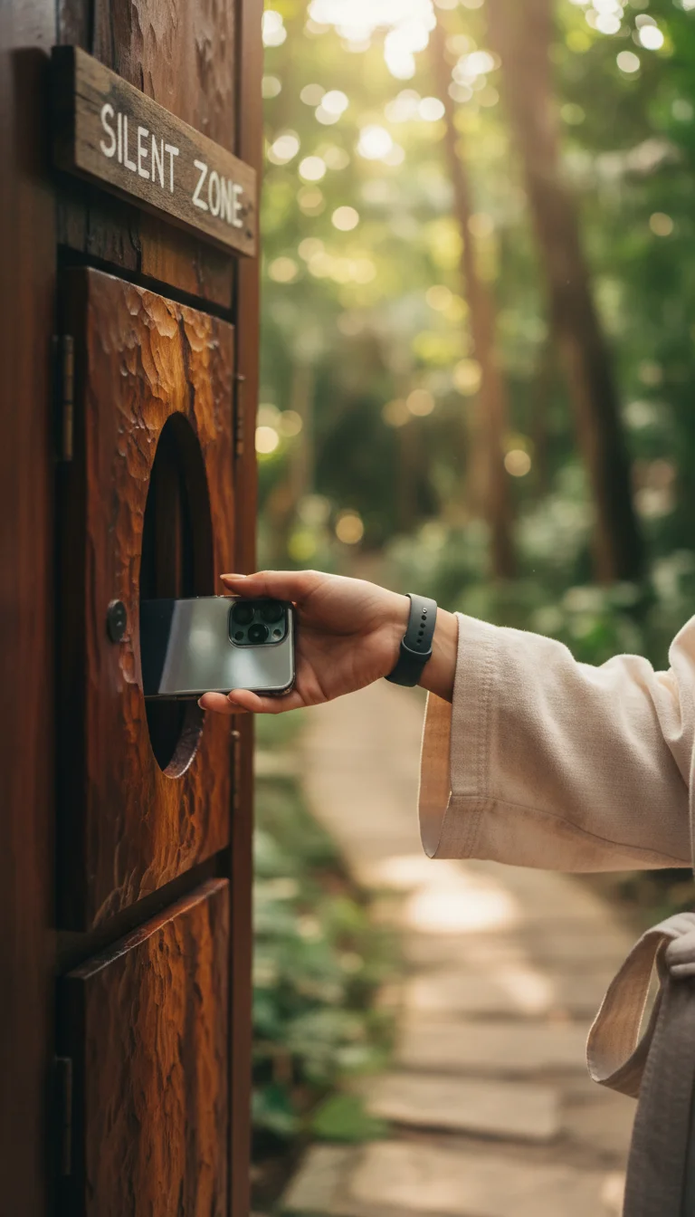 A close-up atmospheric shot of a carved wooden locker area at Tamarind Springs, where a guest is placing a smartphone and a digital watch into a numbered compartment. In the background, a small hand-painted sign on recycled wood reminds visitors that the spa is a silent zone, with a soft-focus view of a stone path leading into the green forest canopy.