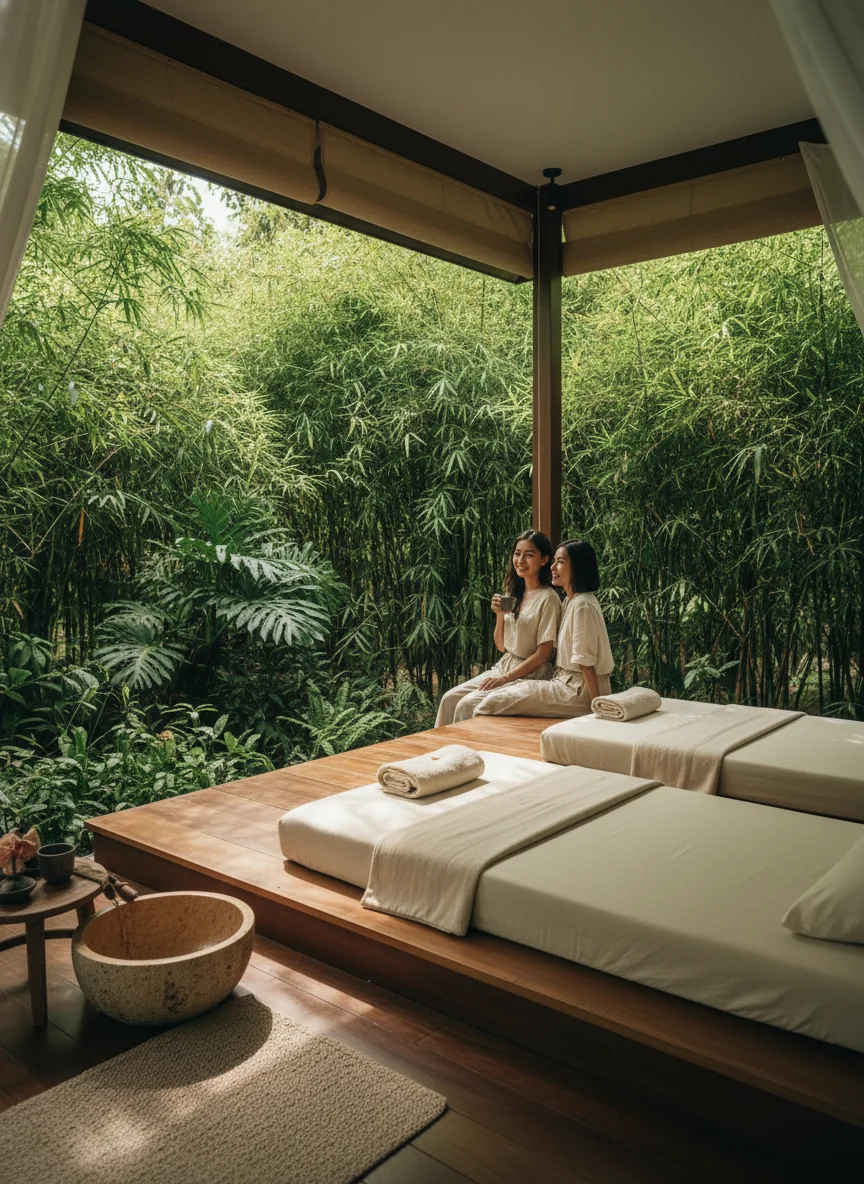 An interior view of a private massage sala at Tamarind Springs, showing a raised wooden platform with two firm massage mattresses covered in unbleached cotton linens. The sala has no walls, offering a direct view into a dense thicket of bamboo and broad-leafed tropical plants, with a small stone water basin and a wooden stool positioned in the corner for the initial foot-cleansing ritual.