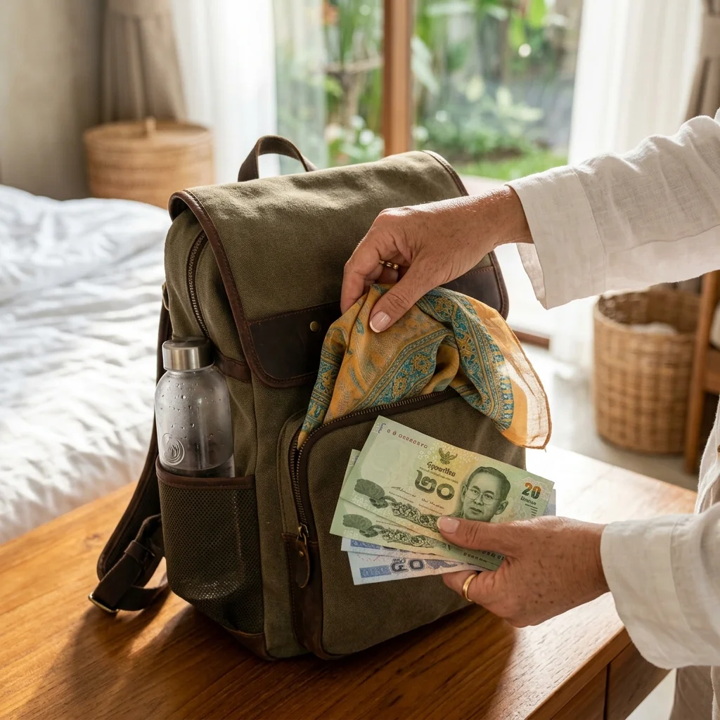 Traveller's hands packing a day bag Traveller's hands packing a day bag