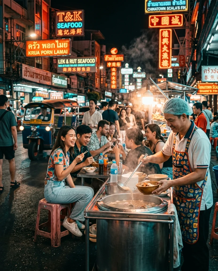 Yaowarat street food vendors and customers Yaowarat street food vendors and customers