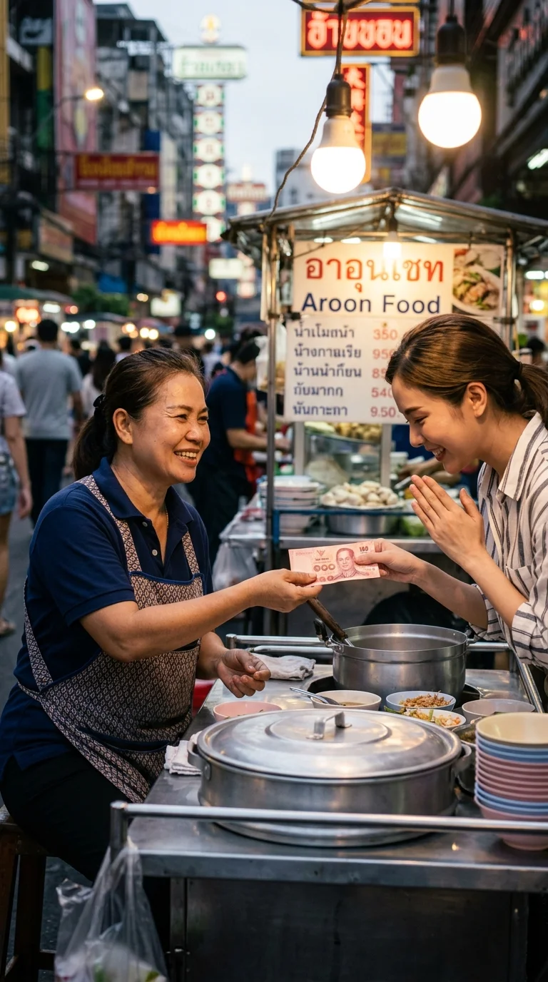 transaction at a Thai street food stall transaction at a Thai street food stall