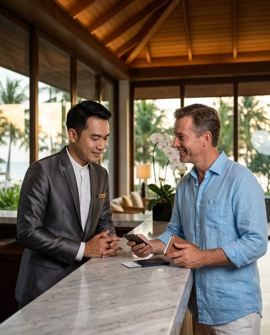 Thai hotel manager and a stressed foreign tourist Thai hotel manager and a stressed foreign tourist