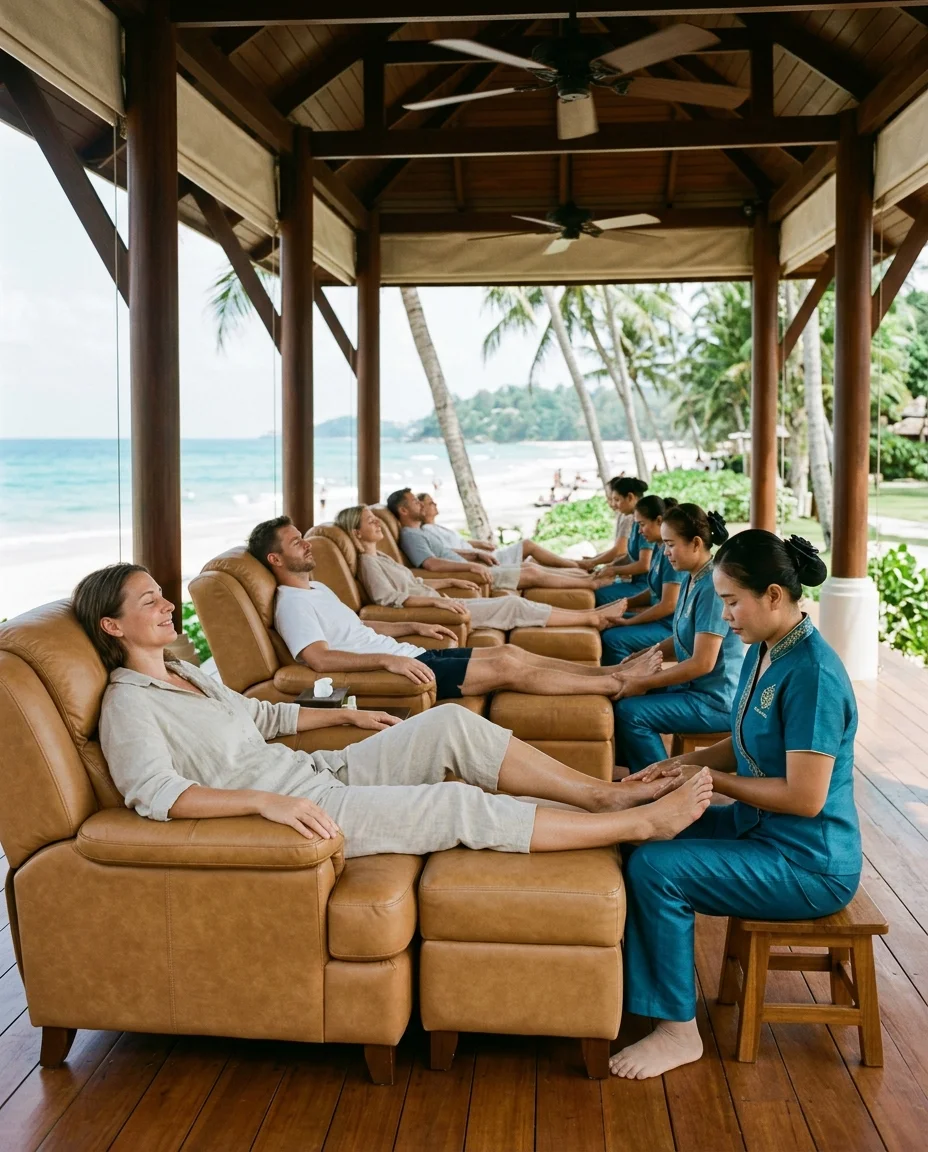 guests and massage therapists in a beachside pavilion guests and massage therapists in a beachside pavilion
