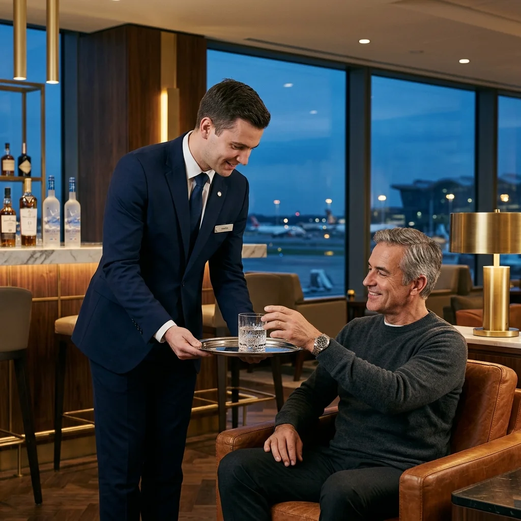 A professional lounge attendant and a premium traveller A professional lounge attendant and a premium traveller
