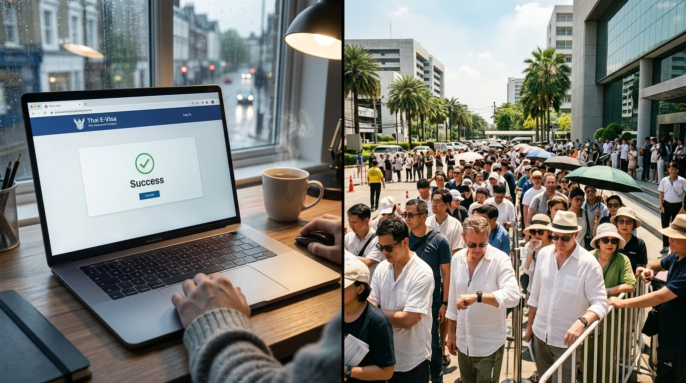 Split-screen comparison of Thai Visa application methods Split-screen comparison of Thai Visa application methods