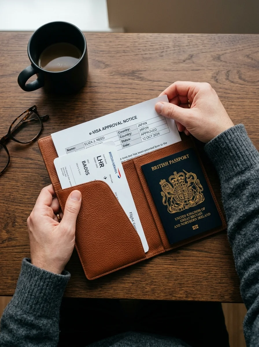 Traveller's hands and travel documents