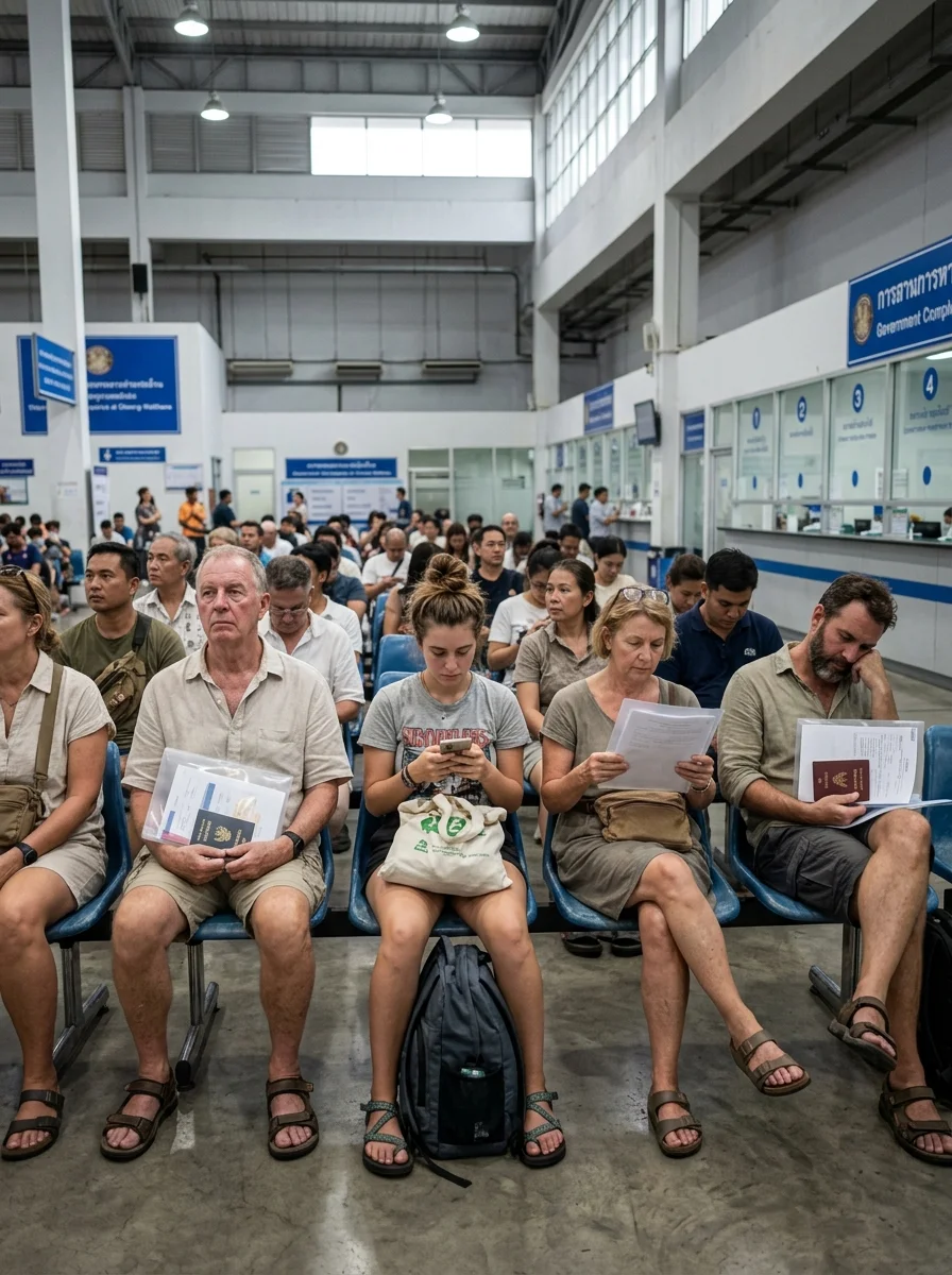 diverse queue of expats and tourists
