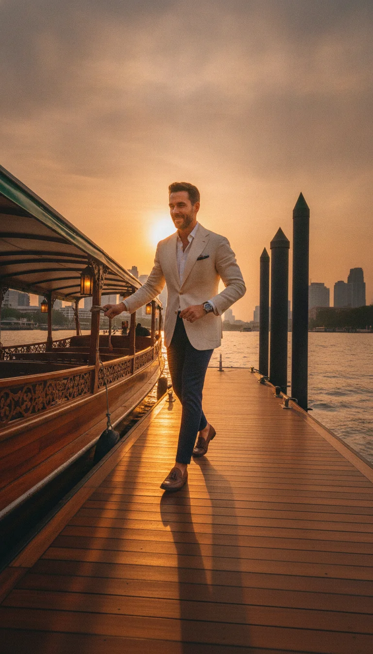 a practical or atmospheric scene at or near The Peninsula Bangkok — showing a guest boarding the private teak wood shuttle boat at the hotel's jetty as the sun sets over the river