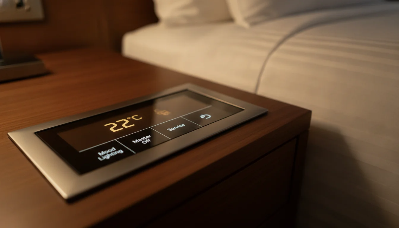 a detail shot of a standout feature, room, facility, or experience at The Peninsula Bangkok — showing a close-up of the bedside digital control panel displaying room temperature, lighting options, and service call buttons