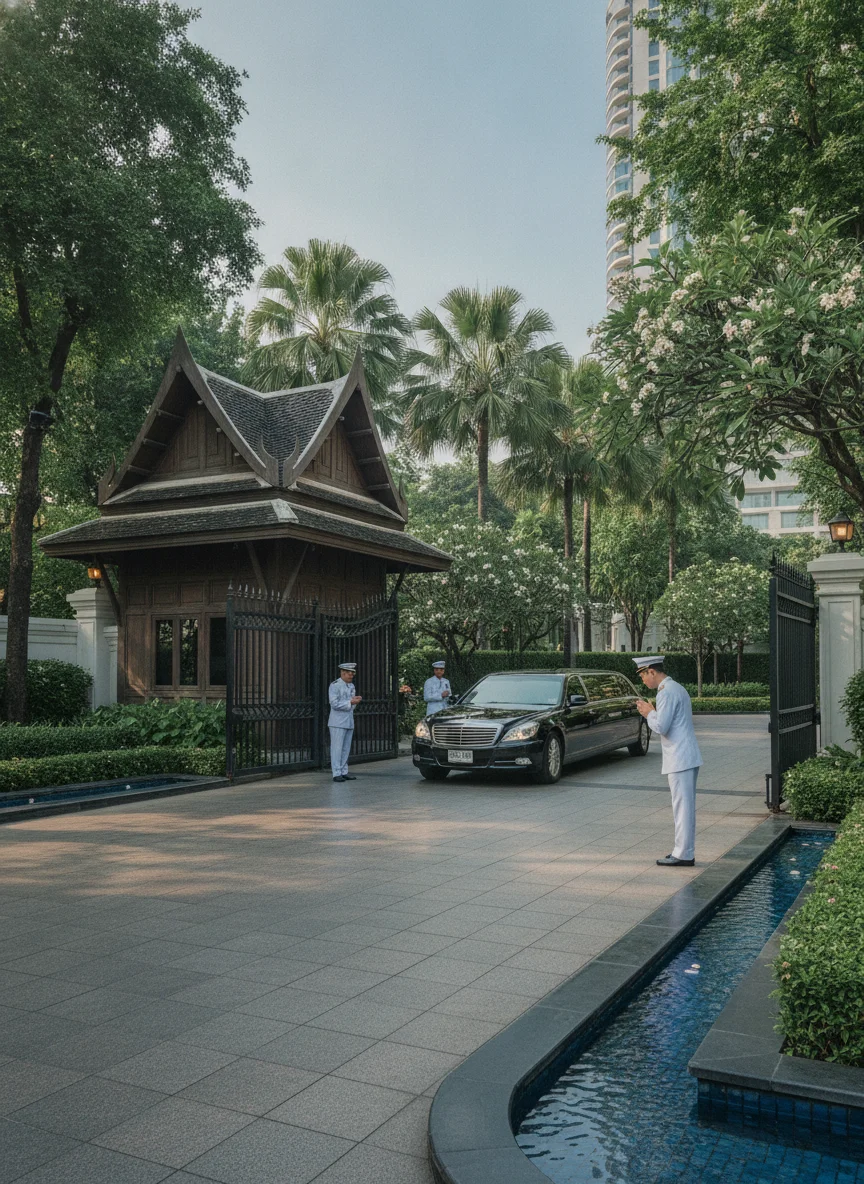 the approach, entrance, or surrounding area of The Peninsula Bangkok — showing the grand gated driveway on Charoen Nakhon Road with the security pavilion, lush tropical foliage, and water features welcoming arriving vehicles