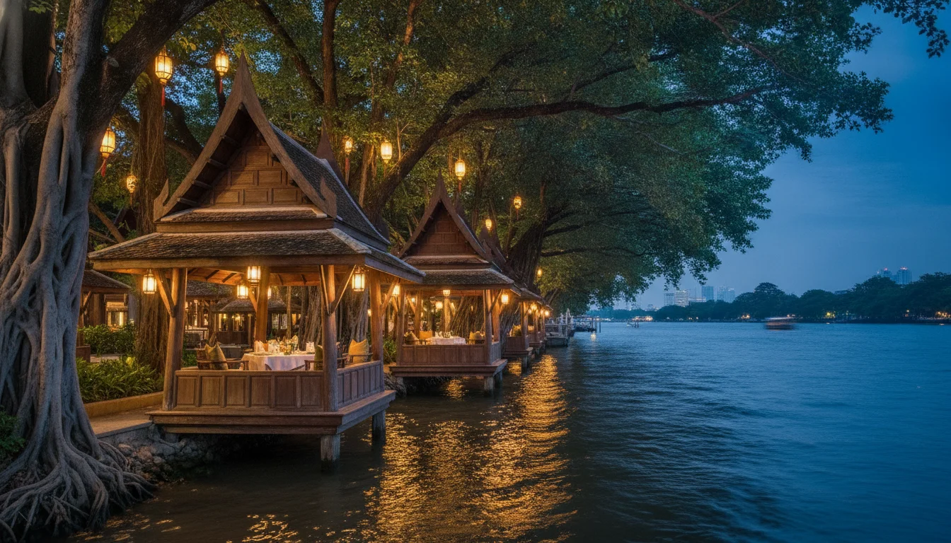 atmospheric shot showing the best feature or experience at The Peninsula Bangkok — showing the outdoor wooden pavilions of Thiptara Thai Restaurant lit by warm lanterns under the banyan trees on the riverbank at dusk