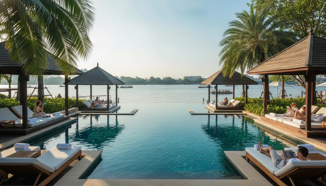 an interior or experiential shot showing the reality of this section's subject at The Peninsula Bangkok — looking down the length of the three-tiered, 88-metre outdoor swimming pool flanked by traditional Thai-style sun salas, tropical palm trees, and comfortable loungers, with the Chao Phraya River visible at the far end