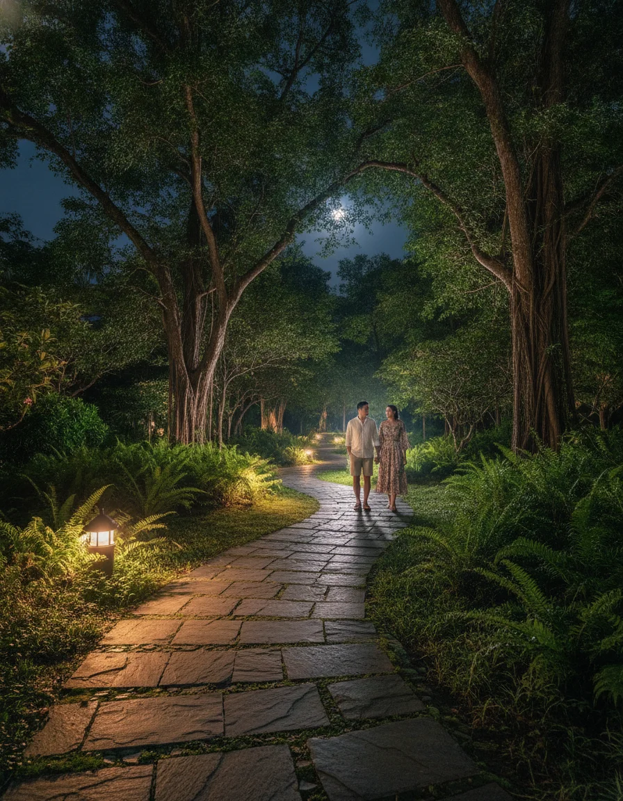 A view of the resort's lush garden walkway at night, lined with low-level glowing warm lights and mature rain trees casting soft shadows on the stone path