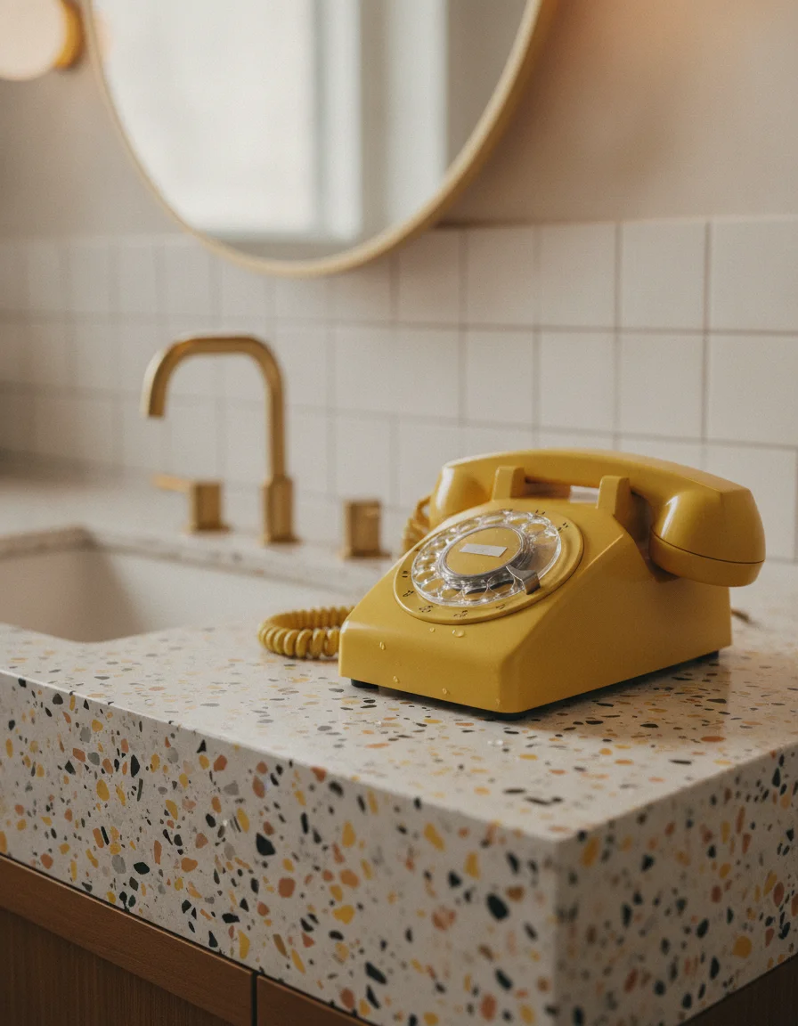 A close-up detail shot of a Standard Room interior, showcasing the custom terrazzo vanity unit, yellow retro-styled rotary telephone, and minimalist brass bathroom fittings