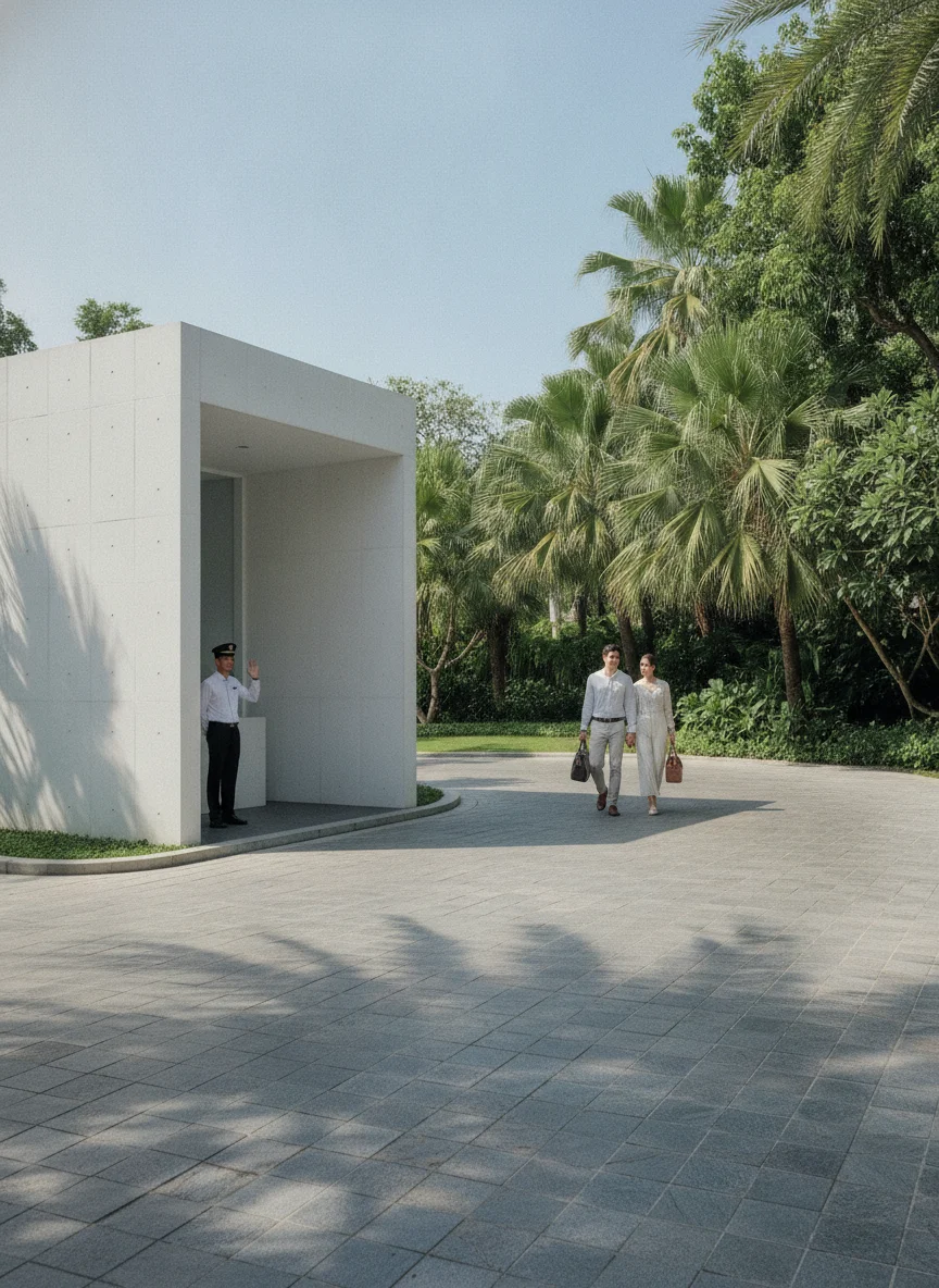 The street entrance of The Standard Hua Hin, showing the minimalist white concrete security gatehouse surrounded by dense tropical palms and a neatly paved stone driveway leading into the resort grounds