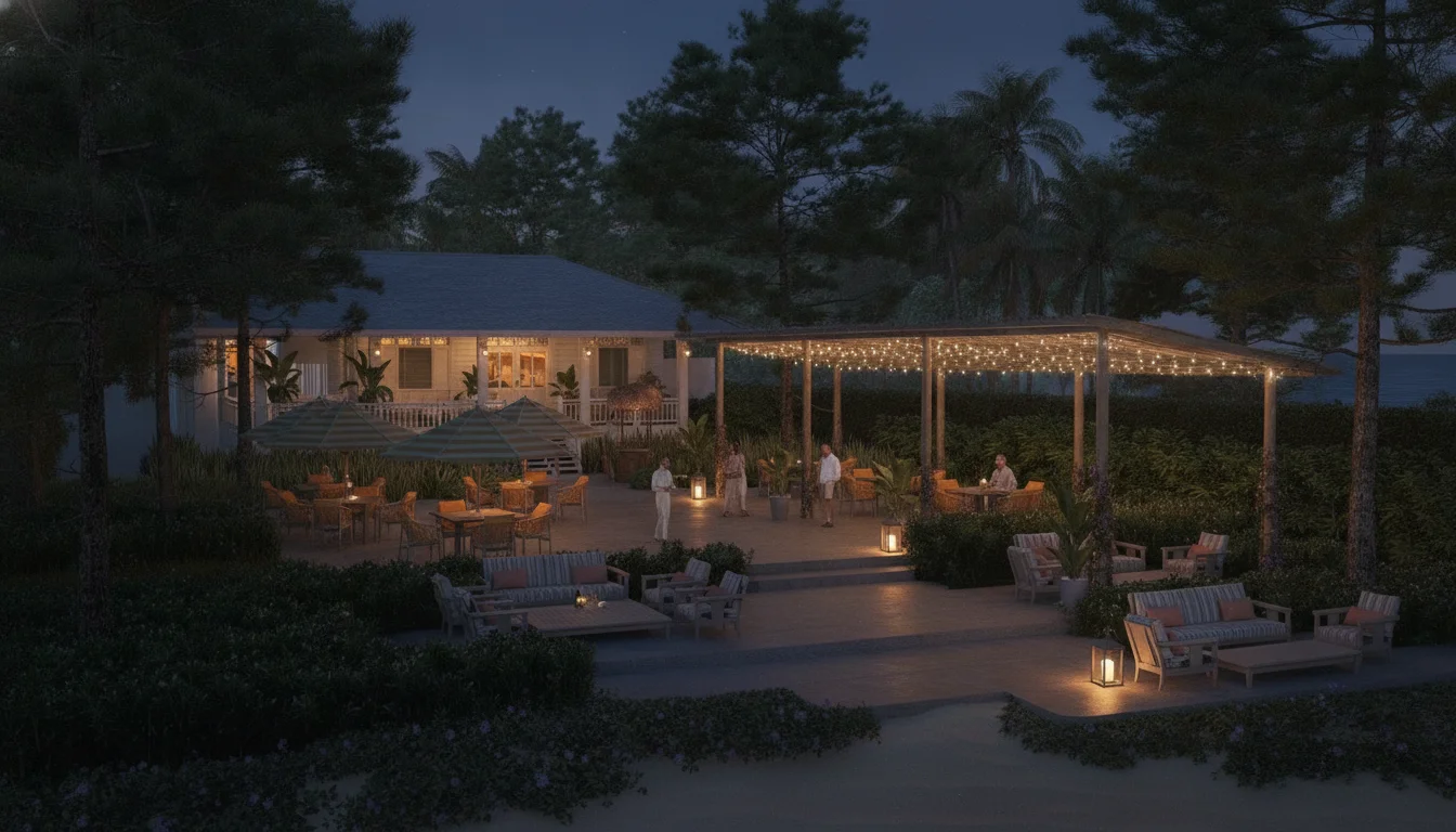 An atmospheric shot of PRAÇA restaurant at dusk, showing the beautifully restored dark wood heritage house glowing with warm yellow lights, surrounded by open-air tables set on a wooden deck under the branches of a massive, illuminated banyan tree