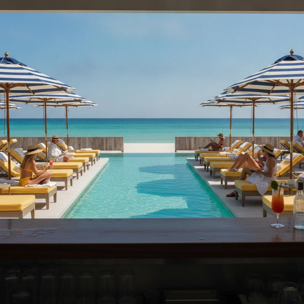 An interior shot looking out from the Lido Pool bar, showing guests lounging on bright yellow sun loungers under striped umbrellas, with the sparkling blue swimming pool in the foreground and the beach just beyond the low wooden boundary wall