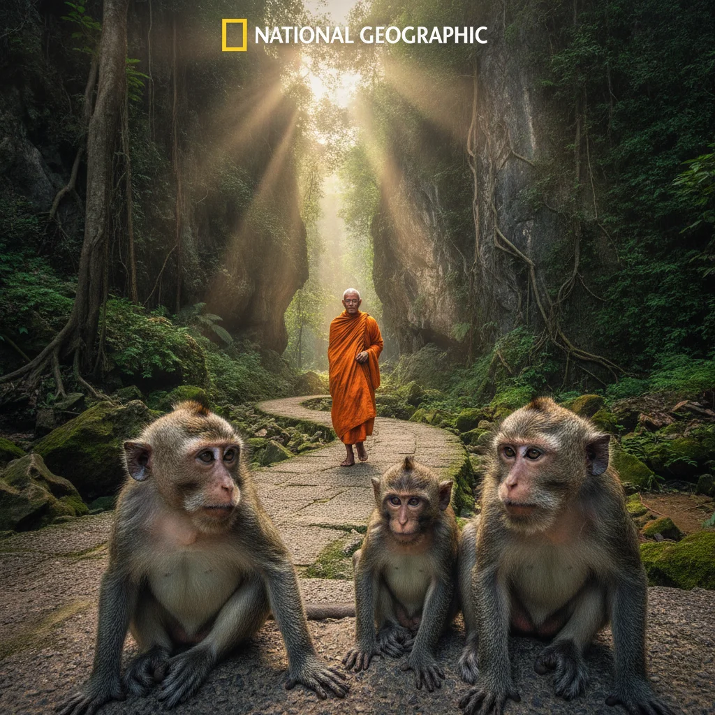 Macaque monkeys and Buddhist monks at Tiger Cave Temple Macaque monkeys and Buddhist monks at Tiger Cave Temple